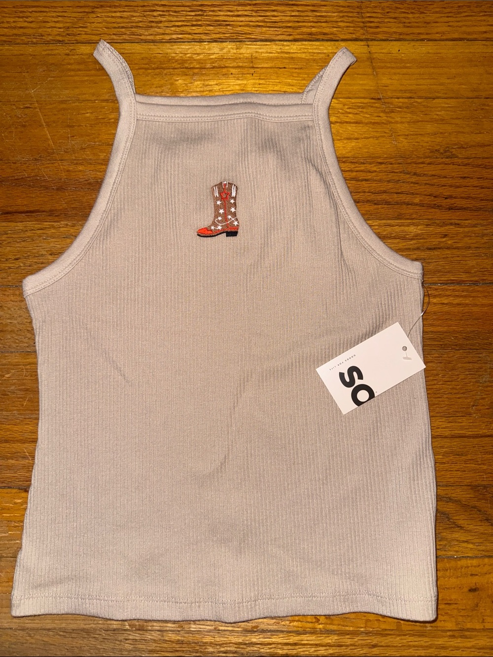 Light Tan,  Ribbed, thin strap, Tank with Embroidered Cowboy Boot